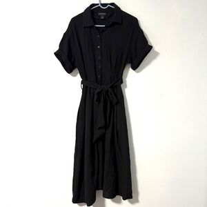 DESIGN365 Black 100% Cotton Button Front Midi‎ Shirt Dress Belted Short Sleeve M